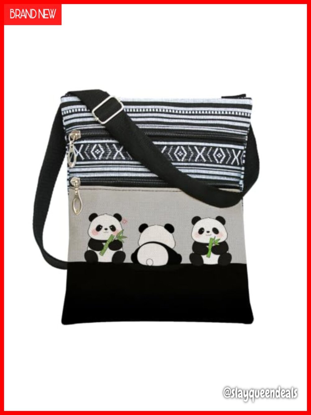 Panda Print Bohemian Crossbody Bag Adjustable Strap Multi Zipper Small Messenger